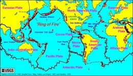 Obr. 1 Aktivní sopky, tektonické desky a „Plamenný prsten“ (Ring of Fire)