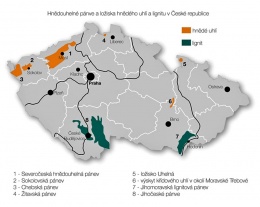 Obr. 1 Mapa ložisek výskytu hnědého uhlí a lignitu v ČR